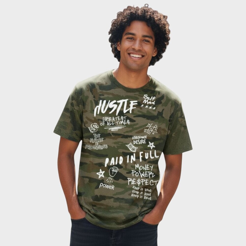 One Color Nation Shirt Mens M Green Camo Hustle Paid in Full Graphic Tee